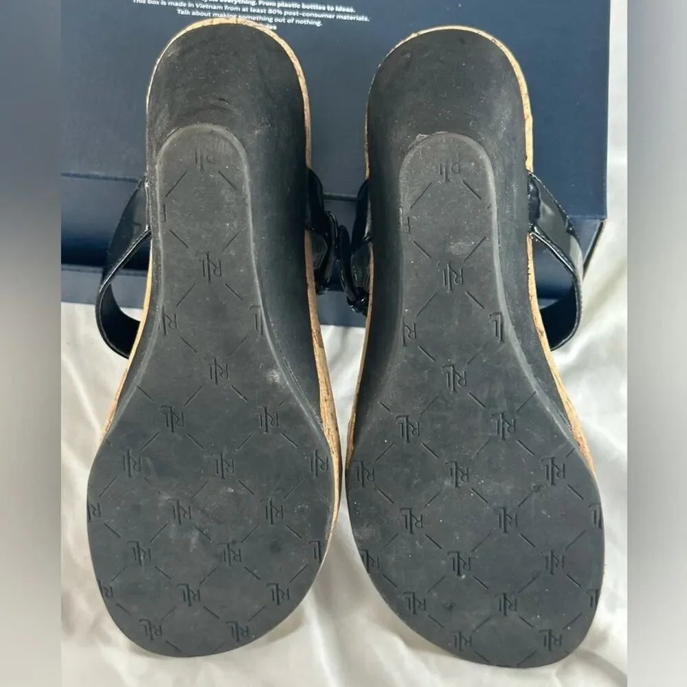 Ralph Lauren Black Women's Roseanne T-Strap Sandals Cork Patent Leather Size 8